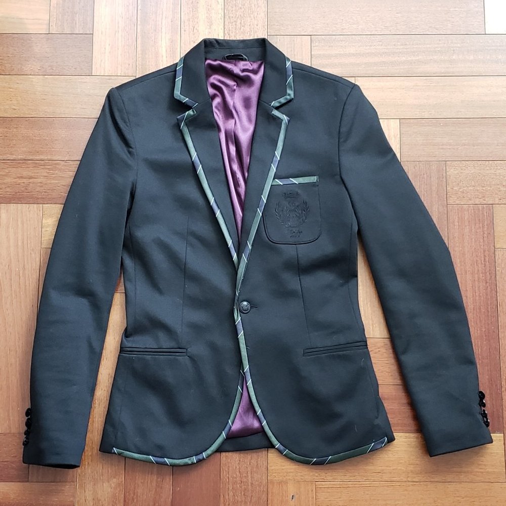 ZARA Men's Preppy Blazer with Collegiate Piping and Crest